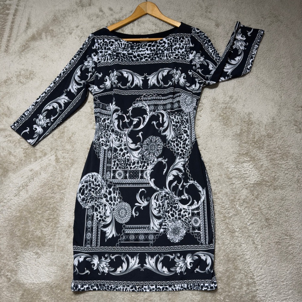 Cache Sheath Dress Womens 10 Black White Baroque Leopard Print 3/4 Sleeve Ornate